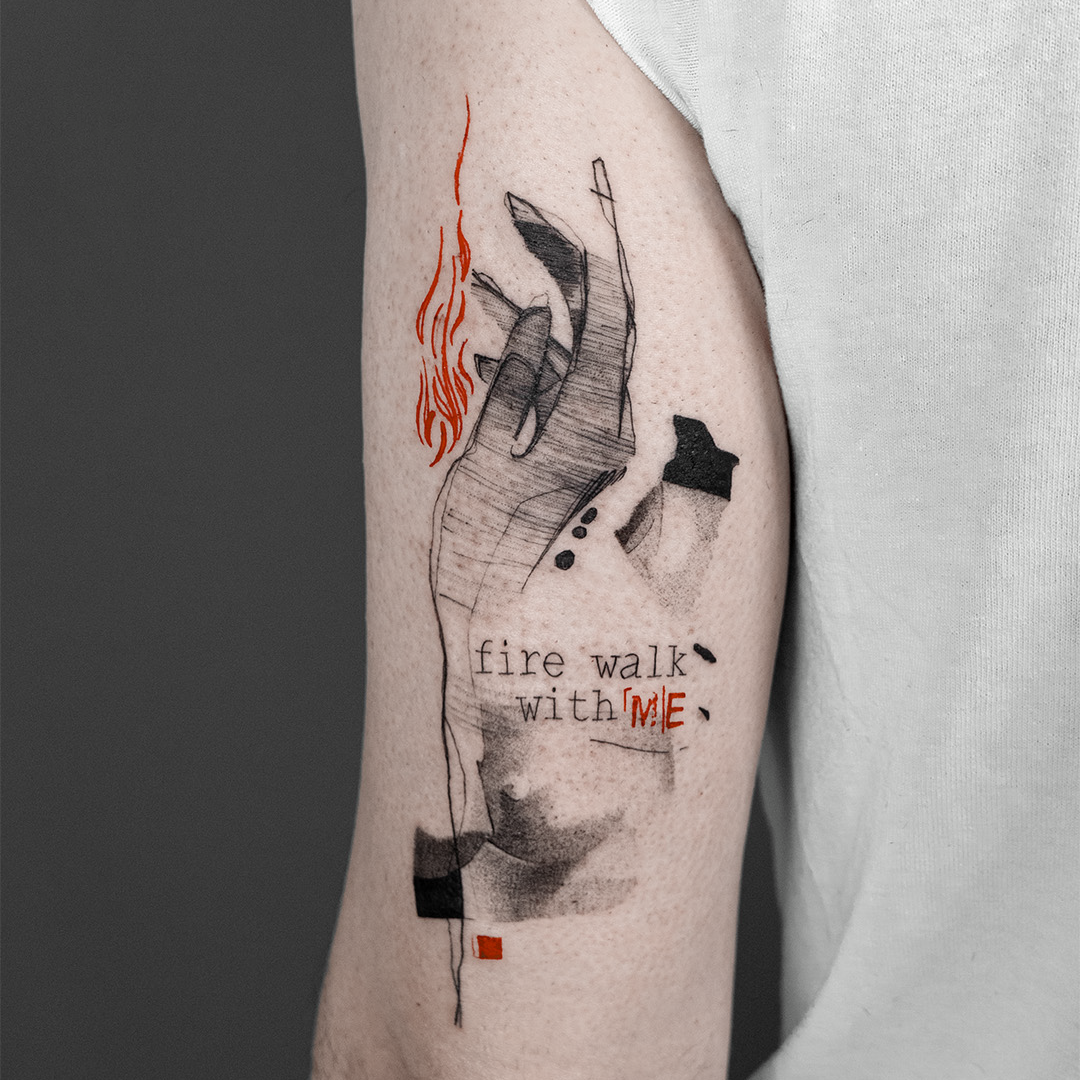 Tattoo tatuaje microrealismo mano fuego Twin Peaks David Lynch fineline minimalist abstractart Leire Mdmi Asanoha Tattoo Studio