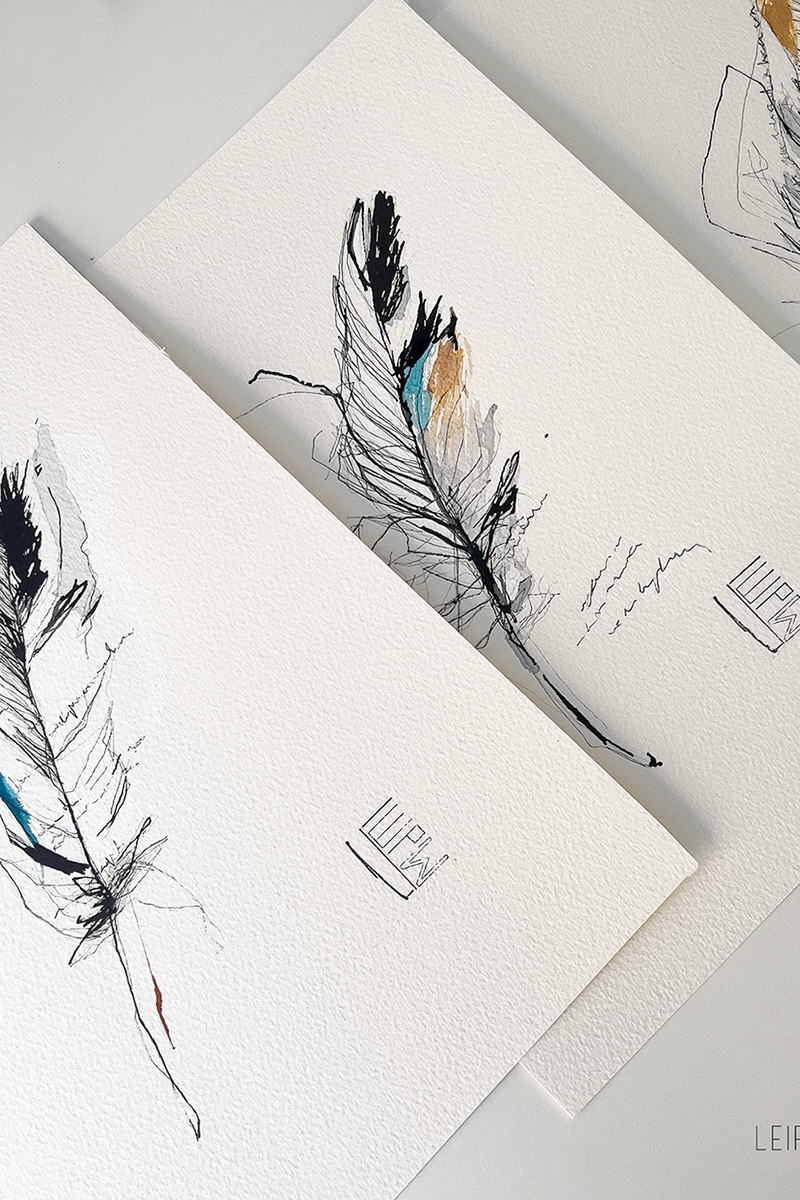 ilustración original plumas poema dibujo cuadro tinta acuarela Leire Mdmi 